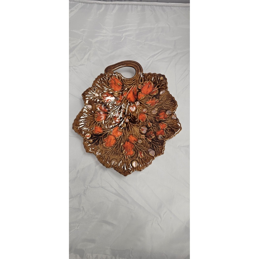 Vintage 1973 Leaf Shaped Serving Dish Platter Burnt‎ Orange Brown Glazed Ceramic